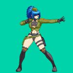 1girl abs aoi_ship blue_eyes blue_hair boots breasts cleavage earrings eyepatch gloves hat jewelry large_breasts leona_heidern long_hair military_uniform muscular muscular_female navel pixel_art ponytail simple_background snk snk_heroines:_tag_team_frenzy solo the_king_of_fighters thigh_boots uniform 