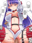  1girl blush breasts censored cleavage clitoris clothed_sex demekyon english erection fate/grand_order fate_(series) girl_on_top hair_ornament large_breasts long_hair navel penis pov purple_eyes purple_hair pussy red_legwear saint_martha sex spread_legs thighhighs thighs vaginal 