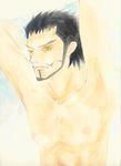  1boy black_hair chinstrap dracule_mihawk male_focus one_piece solo topless yellow_eyes 