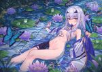  1girl breasts bug butterfly fate/grand_order fate_(series) fish flower forked_eyebrows frog highres hoodier lily_(flower) lily_pad long_hair looking_at_viewer melusine_(fate) partially_submerged sidelocks small_breasts solo thighs water white_hair yellow_eyes 