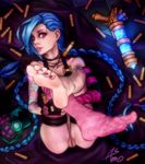  1girl asmo_deus blue_hair braid bullet feet fishnet_legwear fishnets gloves jinx_(league_of_legends) league_of_legends lipstick long_hair looking_at_viewer makeup mismatched_gloves pink_legwear pussy red_eyes single_thighhigh solo tattoo thighhighs twin_braids uncensored very_long_hair 