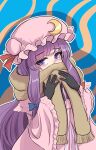  1girl black_gloves blue_background brown_scarf crescent crescent_hat_ornament dress gloves hat_ornament highres looking_at_viewer namiki_(remiter00) orange_background patchouli_knowledge purple_dress purple_eyes purple_hair purple_headwear scarf scarf_over_mouth solo touhou two-tone_background wavy_background 