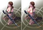  bare_shoulders bikini breasts brown_hair cleavage comparison female from_above gun kneeling large_breasts looking_at_viewer metal_gear_(series) metal_gear_solid_v navel nipples pantyhose parted_lips ponytail quiet_(metal_gear) silver_eyes sitting sniper_rifle solo swimsuit topless torn_s weapon 
