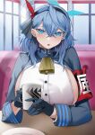  1girl absurdres ako_(blue_archive) bell blue_archive blue_eyes blue_gloves blue_hair blue_jacket blush breasts collar cowbell cup gloves hair_between_eyes hair_ribbon hairband halo highres huge_breasts jacket long_hair long_sleeves looking_at_viewer mug open_mouth ribbon san_(harutuki_3) sideboob solo 
