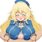  1boy 1girl ascot atago_(kancolle) beret black_gloves blonde_hair blue_headwear blush breasts closed_eyes cum cum_on_body cum_on_breasts gloves hat highres holding_hands kantai_collection kyu_horn large_breasts long_hair military_uniform open_mouth paizuri paizuri_under_clothes pov solo_focus textless_version uniform 