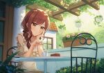  1girl alternate_costume alternate_hairstyle arm_support bird blush braid brown_hair cake chair collarbone commentary cup dress earrings flower food hand_on_own_cheek hand_on_own_face hanging_plant heart heart_earrings highres house idolmaster idolmaster_shiny_colors jewelry kurageso long_hair osaki_amana outdoors plant potted_plant reflection shade side_braid sitting spoon sunlight swept_bangs teacup window yellow_eyes 