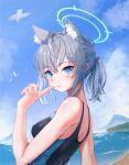  1girl absurdres ahoge animal_ear_fluff animal_ears arm_at_side back beach bird black_one-piece_swimsuit blue_archive blue_eyes blue_halo blue_sky blurry blurry_background blush bright_pupils chiu538 commentary competition_swimsuit covered_nipples cross_hair_ornament day eyelashes finger_to_mouth from_side grey_hair hair_between_eyes hair_ornament halo hand_up highres index_finger_raised lens_flare looking_at_viewer medium_hair mismatched_pupils ocean one-piece_swimsuit outdoors parted_lips seagull shiroko_(blue_archive) shiroko_(swimsuit)_(blue_archive) short_ponytail sidelocks sky solo swimsuit tsurime upper_body water_drop wet wet_clothes wet_swimsuit white_pupils wolf_ears 