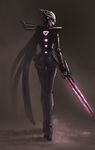  alternate_costume alternate_hair_color artist_request ass back dark_background fiora_laurent glowing glowing_weapon league_of_legends looking_back solo sword visor 
