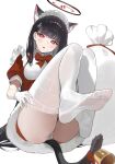  1girl animal_ears bell black_hair blue_archive blush cat_ears cat_tail gloves highres kagemoe1003 long_hair rio_(blue_archive) sack santa_costume short_sleeves solo tail white_gloves 