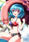  1girl :d bikini blue_eyes blue_hair blurry blurry_background breasts cleavage cloud commentary_request groin heterochromia highres holding holding_umbrella karakasa_obake looking_at_viewer navel open_mouth outdoors palm_tree purple_umbrella red_eyes ruu_(tksymkw) short_hair smile solo star_(symbol) star_print swimsuit tatara_kogasa tongue touhou tree umbrella 