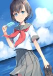  1girl ameshizuku_natsuki bangs blue_eyes blue_sky brown_hair closed_mouth cloud cloudy_sky commentary_request day dutch_angle eyebrows_visible_through_hair food grey_sailor_collar grey_skirt hair_between_eyes hand_up highres holding holding_food holding_footwear horizon loafers moe2019 neckerchief ocean original outdoors pleated_skirt popsicle red_neckwear sailor_collar school_uniform serafuku shirt shoes shoes_removed short_hair short_sleeves skirt sky smile solo water white_shirt 