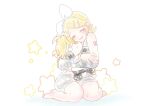  1girl ahoge arched_back bare_legs bare_shoulders barefoot blonde_hair bow character_doll chibi detached_sleeves flat_chest grey_sailor_collar grey_shorts grey_sleeves hair_bow hair_ornament hairclip happy head_tilt highres holding holding_stuffed_toy hug kagamine_len kagamine_rin kneeling konoha_mine light_blush midriff neckerchief necktie number_tattoo o_o open_mouth sailor_collar sailor_shirt shirt short_hair short_ponytail shorts shoulder_tattoo skinny sleeveless sleeveless_shirt smile so_moe_i&#039;m_gonna_die! solo starry_background stuffed_toy swept_bangs tattoo vocaloid white_bow white_shirt 