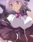  1girl absurdres blurry blurry_background bow bowtie breasts cardigan collared_shirt from_below gridman_universe hands_in_pockets highres jacket jacket_partially_removed large_breasts looking_at_viewer multicolored_eyes off_shoulder partially_unzipped purple_bow purple_bowtie purple_hair purple_jacket red_eyes shinjou_akane shirt short_hair smile solo ssss.gridman teeth white_cardigan white_gorilla_(okamoto) white_shirt zipper 