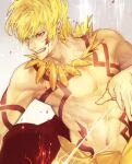  1boy arm_tattoo blonde_hair blood blood_on_face chest_tattoo earrings electricity fate/grand_order fate_(series) gilgamesh_(fate) gradient_background grey_background hand_up harukazu highres jewelry looking_to_the_side male_focus navel necklace nipples open_mouth red_eyes short_hair solo stomach_tattoo tattoo toned toned_male topless_male upper_body 