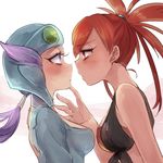  2girls asuna_(pokemon) blush gym_leader incipient_kiss multiple_girls nagi_(pokemon) nintendo pokemon pokemon_oras purple_eyes purple_hair red_hair tagme yuri 