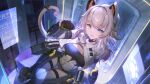  1girl absurdres animal_ears bison_cangshu blue_eyes bow breasts cat_ears cat_tail character_request fake_animal_ears girls&#039;_frontline_2:_exilium gloves heterochromia highres looking_at_viewer solo tail tail_bow tail_ornament white_hair yellow_eyes 