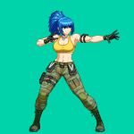 1girl abs aoi_ship arm_pouch bare_shoulders biceps blue_hair boots breasts camouflage camouflage_pants cargo_pants cleavage combat_boots crop_top dog_tags earrings jewelry large_breasts leona_heidern long_hair muscular muscular_female pants pixel_art ponytail simple_background snk soldier solo tank_top the_king_of_fighters the_king_of_fighters_xiv triangle_earrings yellow_tank_top 