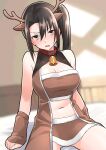  1girl alternate_costume animal_ears bare_shoulders bell belt belt_choker blush breasts brown_eyes brown_hair cleavage commentary_request crop_top fake_animal_ears fur-trimmed_shirt fur-trimmed_skirt fur_trim furaggu_(frag_0416) highres indoors kantai_collection large_breasts long_hair looking_at_viewer midriff nachi_(kancolle) navel on_bed one-hour_drawing_challenge open_mouth ponytail red_belt shirt skirt solo 