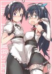  2girls antenna_hair apron bare_shoulders black_bow black_bowtie black_hair black_skirt blue_eyes blue_ribbon blush bow bowtie breasts clenched_hand commentary elbow_gloves embarrassed english_text fang frilled_apron frilled_shirt frills from_side ganaha_hibiki gloves hair_bow hair_ribbon hand_on_another&#039;s_waist hand_up idolmaster idolmaster_(classic) idolmaster_million_live! idolmaster_million_live!_theater_days kikuchi_makoto long_hair looking_at_viewer maid maid_headdress medium_breasts miniskirt multiple_girls open_mouth pink_background ponytail puffy_short_sleeves puffy_sleeves purple_eyes red_bow red_bowtie ribbon shirt short_hair short_sleeves simple_background skirt sleeveless sleeveless_shirt small_breasts spirytus_tarou suspender_skirt suspenders sweat thighhighs twitter_username waist_apron waist_bow white_apron white_bow white_gloves white_shirt white_thighhighs zettai_ryouiki 