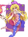  1girl american_flag_legwear american_flag_shirt blonde_hair border clownpiece commentary_request fire hat highres holding holding_torch jester_cap light_blush long_hair looking_at_viewer mifutatsu neck_ruff open_mouth pantyhose polka_dot polka_dot_headwear purple_background purple_eyes purple_headwear shaded_face shirt short_sleeves smile solo star_(symbol) star_print striped striped_pantyhose striped_shirt torch touhou very_long_hair white_background white_border 