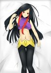  1girl azami_(pokemon) bangs bare_shoulders black_hair breasts crop_top frontier_brain highres lying midriff multicolored_hair navel pants pokemon pokemon_(game) pokemon_rse red_eyes red_hair shinobu_panda solo thigh_gap two-tone_hair 