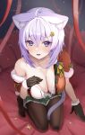  1girl absurdres ahoge animal_ear_fluff animal_ears black_gloves black_pantyhose blush breasts cat_ears cat_girl cat_tail cleavage fur-trimmed_gloves fur_trim gloves green_skirt hand_on_own_chest highres hololive large_breasts looking_at_viewer medium_hair miniskirt nekomata_okayu open_mouth pantyhose purple_eyes purple_hair skirt smile solo tail torakichi_888 virtual_youtuber 