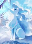  alolan_ninetales animal_focus artist_name blue_eyes blue_sky closed_mouth cloud commentary_request highres multiple_tails no_humans pokemon pokemon_(creature) rongai28 sitting sky smile snout snow sparkle tail tree twitter_username water 