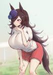  1girl alternate_breast_size animal_ears breasts brown_hair commentary_request hair_over_one_eye highres horse_ears horse_girl large_breasts long_hair red_shorts rice_shower_(umamusume) shirt short_hair short_sleeves shorts solo umamusume very_long_hair white_shirt yuugatou_(yuuzutu) 