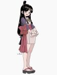  1girl ace_attorney black_hair bright_pupils brown_eyes full_body highres jewelry long_hair low-tied_long_hair magatama magatama_necklace maya_fey necklace omen_hohoho open_mouth sandals sidelocks simple_background smile solo standing topknot white_background white_pupils 