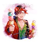  1boy arknights aynoh bandana brown_hair bryophyta_(arknights) closed_eyes commentary cropped_torso food green_shirt holding holding_food holding_ice_cream ice_cream ice_cream_cone jacket long_sleeves looking_at_viewer male_focus open_mouth pectorals pink_background red_bandana red_jacket shirt short_hair simple_background smile solo unbuttoned upper_body white_background zipper 