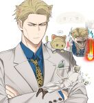  1boy animal_ears animal_print blonde_hair blue_shirt brown_footwear cat_ears cat_tail character_doll collared_shirt commentary crossed_arms formal full_body grey_jacket grey_pants grey_suit highres jacket jujutsu_kaisen leopard_print long_sleeves looking_at_viewer male_focus nanami_kento necktie pants shirt short_hair solo ssss7777_7 stuffed_animal stuffed_cat stuffed_toy suit symbol-only_commentary tail upper_body yellow_necktie 