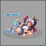 1girl ass baseball_cap bestiality bottomless brown_hair cunnilingus eyes_closed hand_on_another's_head hat oral pixel_art pokemon pokemon_(game) pussy sismicious squirtle touko_(pokemon) 
