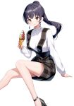  1girl black_footwear black_hair blush boku_no_kokoro_no_yabai_yatsu breasts brown_eyes closed_mouth commentary_request feet_out_of_frame food food_on_face grey_skirt high_heels highres holding holding_food ice_cream ice_cream_cone knees_together_feet_apart long_hair long_sleeves looking_at_viewer medium_breasts plaid plaid_skirt ponytail puffy_long_sleeves puffy_sleeves ririko_(zhuoyandesailaer) shirt shoes simple_background sitting skirt smile soft_serve solo suspender_skirt suspenders very_long_hair white_background white_shirt yamada_anna 