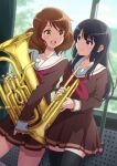  absurdres artist_name black_hair black_thighhighs blouse blue_eyes brown_eyes brown_hair brown_shirt brown_skirt closed_mouth day euphonium girugiru_(tektonics6588) hibike!_euphonium highres holding holding_instrument indoors instrument kitauji_high_school_uniform kousaka_reina long_hair long_sleeves looking_at_another miniskirt neckerchief open_mouth oumae_kumiko pleated_skirt red_neckerchief sailor_collar school_uniform shirt short_hair side-by-side signature skirt smile standing straight_hair thighhighs trumpet white_sailor_collar window 