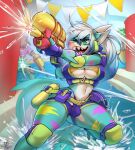 anthro big_breasts bikini blue_hair breasts bulge cleavage clothed clothing fish frosty_(sharky) gradient_hair green_eyes gynomorph hair hi_res intersex marine multicolored_hair navel open_mouth shark sharp_teeth smile solo swimwear teeth toy toy_gun water_gun white_hair