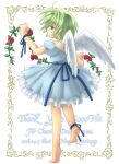  1girl angel ankle_ribbon artist_name barefoot blue_dress blue_ribbon closed_mouth commentary_request dated dated_commentary dejiko di_gi_charat dress expressionless feathered_wings flower frilled_dress frills from_behind full_body green_eyes green_hair holding holding_flower leg_ribbon morinaga_hinase plant red_flower red_rose ribbon rose short_hair short_sleeves solo thank_you vines white_background white_wings wings 