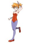  1girl absurdres alternate_costume arm_up armpits asatsuki_(fgfff) bare_shoulders bracelet breasts commentary_request flats full_body green_eyes grin highres jewelry leotard looking_at_viewer medium_breasts misty_(pokemon) orange_hair pantyhose pokemon pokemon_(anime) pokemon_(classic_anime) presenting_armpit purple_pantyhose short_hair side_ponytail smile solo standing standing_on_one_leg strapless strapless_leotard white_background 