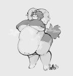 absurd_res anthro areola armpit_tuft belly_overhang big_areola big_breasts big_butt big_nipples big_tail boppee breasts bulge butt canid canine canis clothing crop_top domestic_dog eyes_closed female gynomorph hair hair_over_eye hi_res huge_belly huge_breasts intersex mammal mature_female monochrome musk navel nipple_slip nipples obese obese_anthro obese_female one_eye_obstructed overweight overweight_anthro overweight_female rose_(boppee) shirt smile solo stretching tail thick_thighs topwear unaware under_boob wardrobe_malfunction