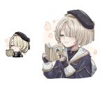  1boy bag beret black_gloves black_headwear black_shirt blonde_hair blush book bow bowtie closed_eyes closed_mouth fingerless_gloves freminet_(genshin_impact) genshin_impact genshin_impact_sticker_redraw_(meme) gloves hair_over_one_eye hands_up hat hat_ornament highres holding holding_book jacket jewelry long_sleeves male_focus meme open_book puffy_long_sleeves puffy_sleeves purple_jacket ring shirt short_hair smile solo upper_body vanillashiii 