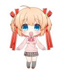  1girl :d ahoge arms_at_sides black_socks blonde_hair blue_eyes blush chibi commentary eyes_visible_through_hair grey_skirt hair_between_eyes hair_ornament hair_ribbon highres kamikita_komari kneehighs little_busters! little_busters!_school_uniform long_ribbon looking_at_viewer miniskirt natsuoto_rito open_mouth plaid plaid_skirt pleated_skirt red_ribbon ribbon school_uniform short_hair simple_background skirt sleeves_past_wrists smile socks solo star_(symbol) star_hair_ornament straight-on sweater two_side_up white_background yellow_sweater 