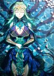  1girl a_(asan_a_aa) absurdres braid breasts byleth_(female)_(fire_emblem) byleth_(fire_emblem) cleavage closed_eyes cosplay dress enlightened_byleth_(female) fire_emblem fire_emblem:_three_houses fire_emblem_heroes green_hair hair_ornament hair_ribbon highres large_breasts long_hair official_alternate_hair_color partially_submerged petals petals_on_liquid ribbon ribbon_braid solo sothis_(fire_emblem) sothis_(fire_emblem)_(cosplay) tiara twin_braids water white_ribbon 