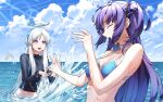  2girls absurdres bikini blue_archive blue_bikini breasts closed_eyes cloud cloudy_sky dolphin halo headphones highres long_hair long_sleeves looking_at_another medium_breasts multiple_girls navel noa_(blue_archive) ocean open_mouth outdoors police_riot_(artist) purple_eyes purple_hair rash_guard sidelocks sky smile splashing swimsuit two_side_up upper_body wading water white_hair yuuka_(blue_archive) 