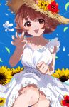  1girl :3 absurdres bare_shoulders blue_sky blush bow breasts brown_eyes brown_hair collarbone dress falling_petals flower frilled_dress frills hands_up hat hat_flower highres idolmaster idolmaster_million_live! idolmaster_million_live!_theater_days knee_up looking_at_viewer medium_breasts nail_polish nonohara_akane ooho0216 open_mouth orange_nails paw_pose petals red_flower short_hair sitting sky smile solo straw_hat sunflower waist_bow white_bow white_dress white_flower 