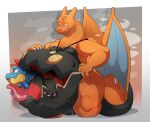 ambiguous_gender anthro belly big_tongue black_belly black_body blue_body blue_tail bodily_fluids bound brady(sleepy_brady) charizard dragon dusknoir feraligatr generation_1_pokemon generation_2_pokemon generation_4_pokemon generation_5_pokemon group hi_res horn huge_belly hybrid jewelry krookodile looking_at_another looking_pleasured male male_pred necklace nintendo oral_vore orange_body orange_tail orange_wings pokemon pokemon_(species) red_body red_eyes rope scalie scared stomach_mouth sweat sweatdrop tail tongue tongue_out trio trpcafterdark vore wings