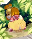 absurd_res animal_crossing anthro anus big_butt blush bodily_fluids butt canid canine canis clothed clothing crouching domestic_dog female fur genital_fluids genitals hi_res isabelle_(animal_crossing) mammal nintendo peeing pussy sake_kemosalmon shih_tzu short_stack solo toy_dog urine yellow_body yellow_fur
