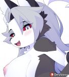 2024 anthro areola big_breasts breasts canid canid_demon cropped cute_fangs demon devil-vox digital_media_(artwork) female female_anthro fur grey_body grey_fur hair happy hellhound helluva_boss hi_res kemono looking_at_viewer loona_(helluva_boss) mammal multicolored_body multicolored_fur nipples open_mouth open_smile patreon patreon_logo puffy_areola red_sclera silver_hair smile smiling_at_viewer solo tongue two_tone_body two_tone_fur white_body white_eyes white_fur