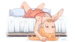  1girl bakemonogatari bare_shoulders blonde_hair blush doughnut dress eating flat_chest food long_hair lying monogatari_(series) nakta on_back on_bed oshino_shinobu pillow sleeveless sleeveless_dress solo upside-down yellow_eyes 