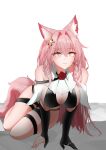  1girl absurdres all_fours animal_ear_fluff animal_ears arknights black_gloves bra braid breasts cleavage epitaph_(ryaf8834) gloves hair_ornament highres large_breasts long_hair pink_eyes pink_hair pozyomka_(arknights) red_skirt skirt underwear very_long_hair wolf_ears wolf_girl 