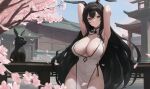  1girl absurdres animal_ears areola_slip armpits bare_shoulders black_eyes black_hair blush breasts cherry_blossoms china_dress chinese_clothes cleavage closed_mouth crossed_bangs day dress highres kiek_qaq large_breasts long_hair looking_at_viewer no_panties original outdoors rabbit_ears revision sleeveless sleeveless_dress smile solo 