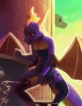 absurd_res activision anthro balls blush bodily_fluids clothed clothing collar cum dragon ejaculation erection genital_fluids genitals girly hi_res horn lennoxicon male masturbation membrane_(anatomy) membranous_wings outside panties panties_down partially_clothed penis purple_body scales scalie solo spyro spyro_the_dragon tail underwear underwear_down western_dragon wings